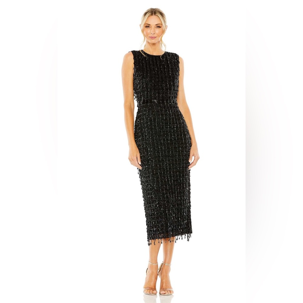 Mac Duggal Black Beaded Midi Dress